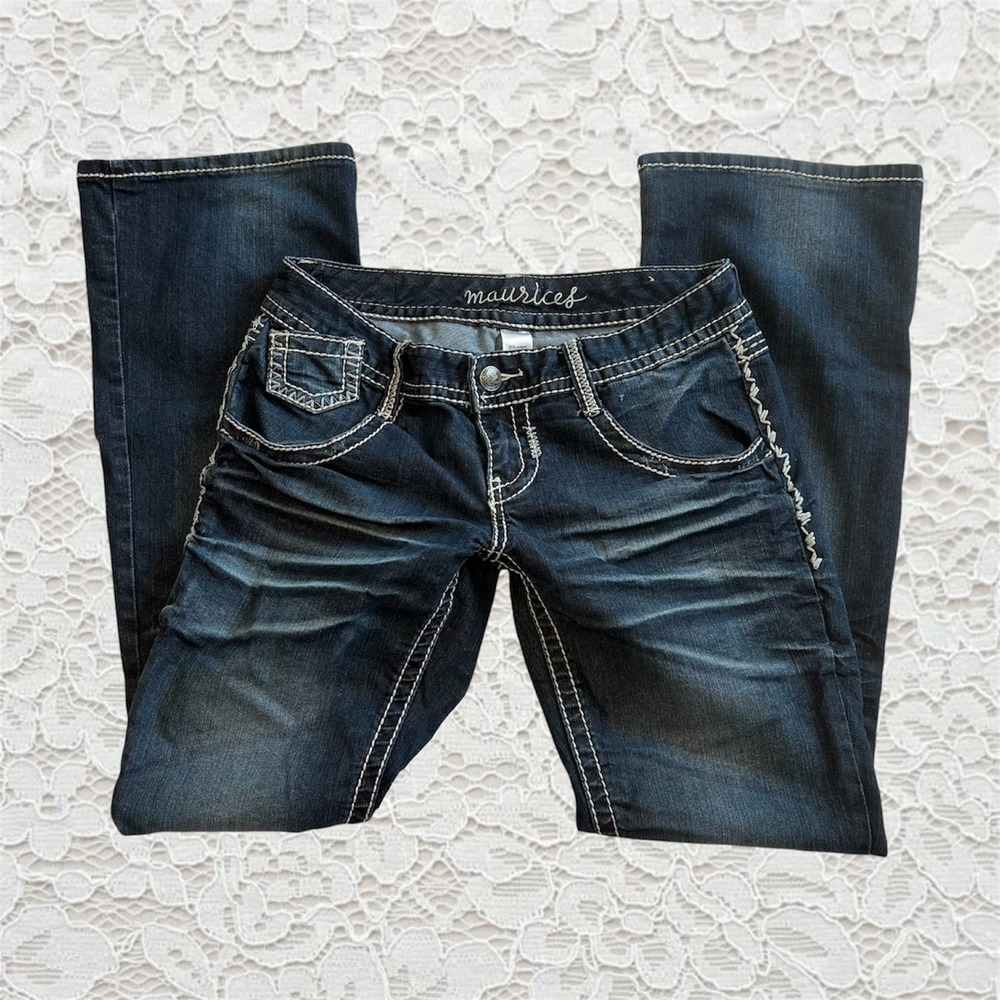 vintage y2k dark wash contrast stitch low rise bootcut jeans
